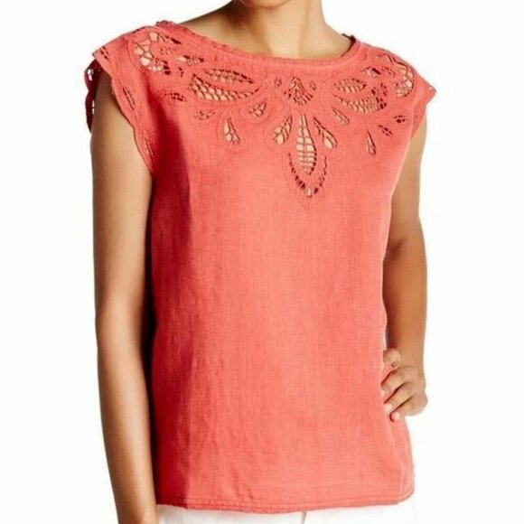 Joie Eyelet Cotton Linen Top Womens Small Coral Short Sleeve Lace Kinski Summer - Picture 8 of 10